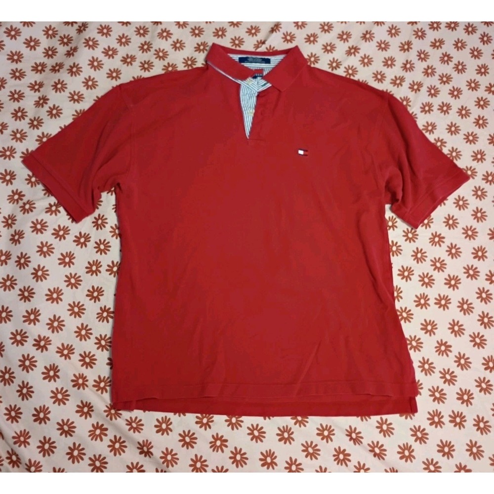 Tommy Hilfiger Mens XL Red Short Sleeve Pique Polo Shirt Striped Trim Collar